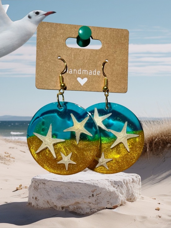 Jewelry - Handmade Epoxy Gold and Teal Starfish Dangle Earrings
